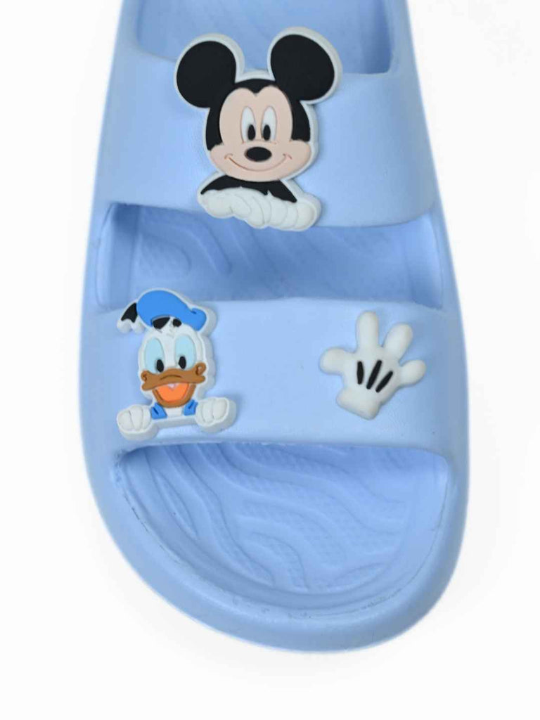 Yellow Bee Boys’ Disney Mickey Mouse, Donald Duck Slides with Glove Charms- Blue-Front View