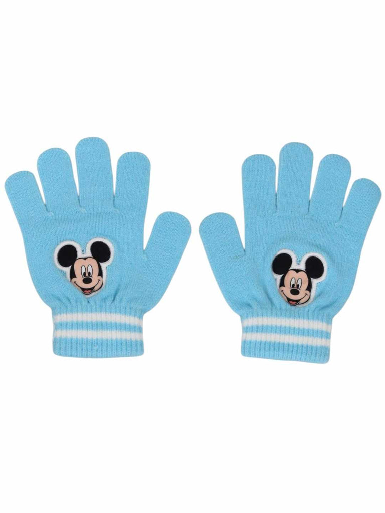 Yellow Bee Boy's Disney Mickey Mouse Pom Pom Winter Hat With Gloves Set- Blue- Full Gloves View