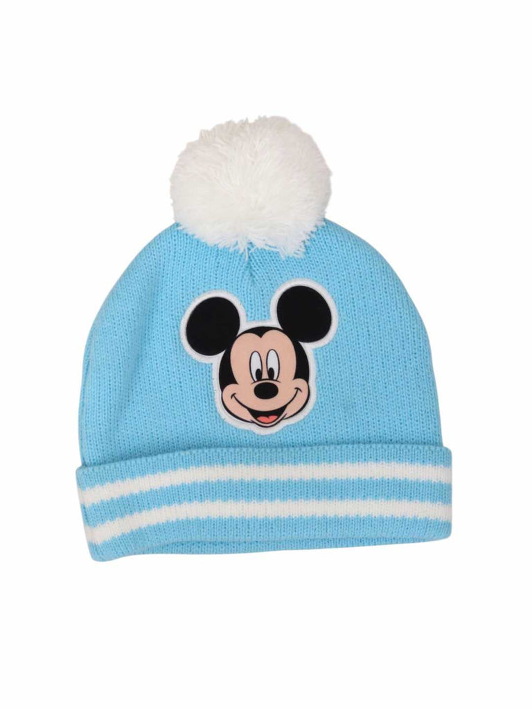 Yellow Bee Boy's Disney Mickey Mouse Pom Pom Winter Hat With Gloves Set- Blue-Front View