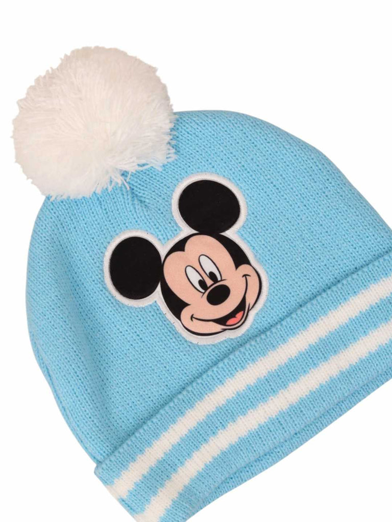 Yellow Bee Boy's Disney Mickey Mouse Pom Pom Winter Hat With Gloves Set- Blue-Front View