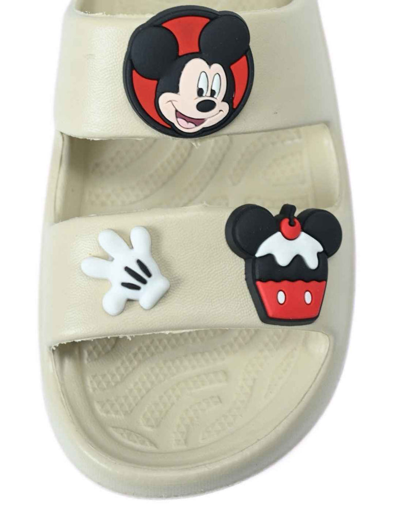 Yellow Bee Boys’ Disney Mickey Mouse Slides with Cupcake & Glove Charms – Beige- Front View