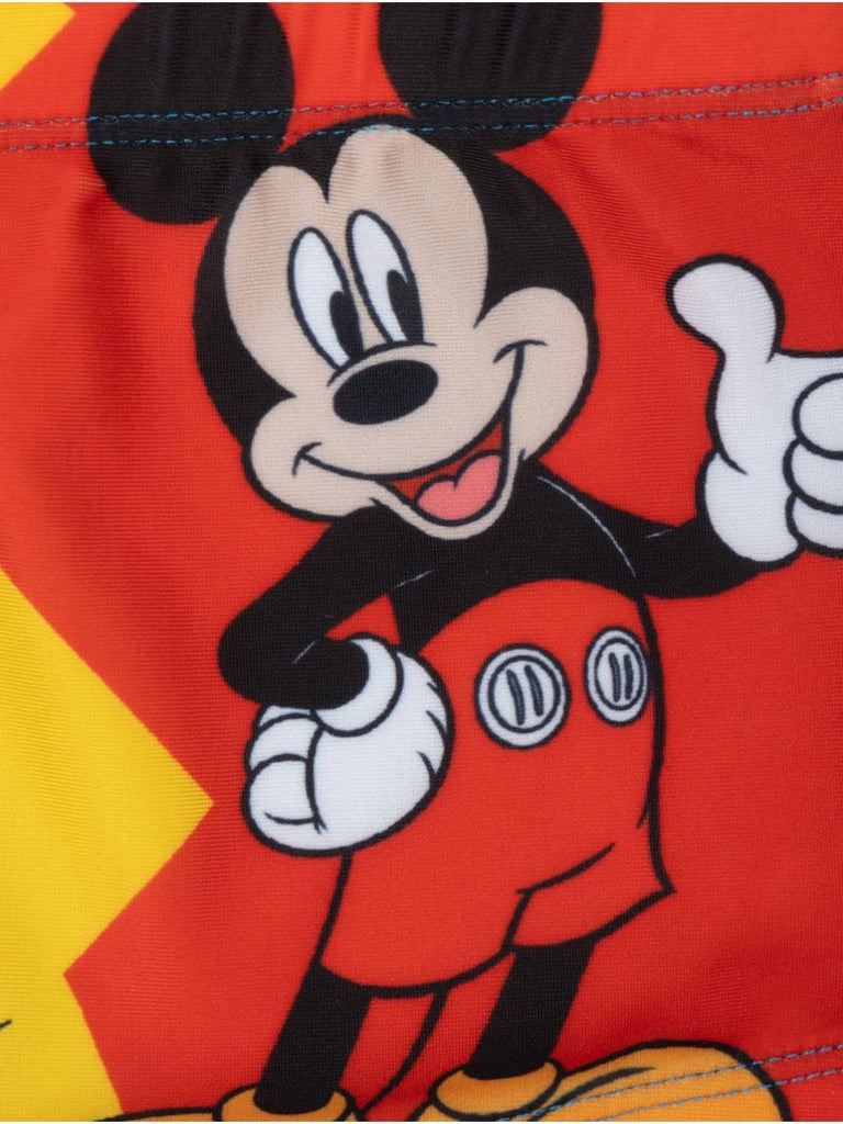 Yellow Bee Boys’ Disney Mickey Mouse Swim Shorts – Bold Red & Blue Design with Iconic Mickey Graphic-Showing Design