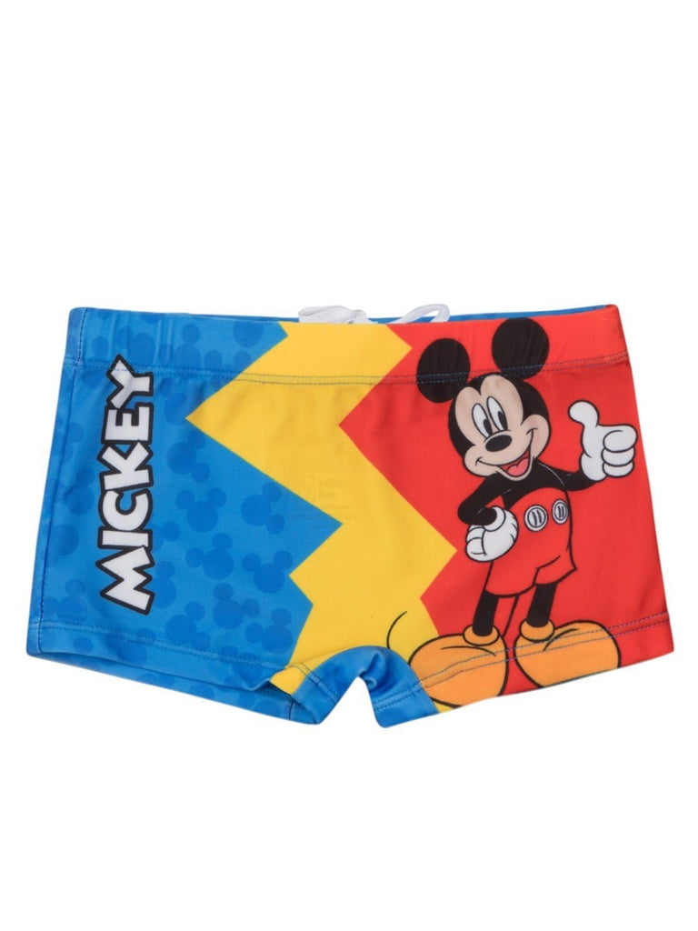 Yellow Bee Boys’ Disney Mickey Mouse Swim Shorts – Bold Red & Blue Design with Iconic Mickey Graphic-Front View
