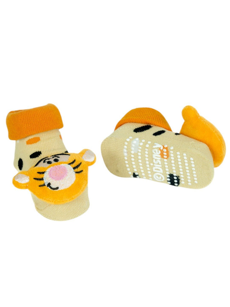 Yellow Bee Boy's Disney Tigger Face 3D Socks- Orange-Front & Back View