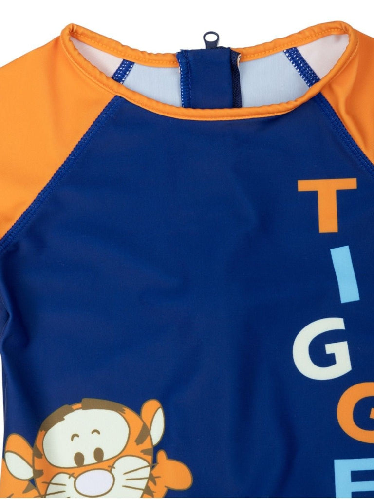 Yellow Bee Boys’ Disney Tigger One-Piece Swimsuit – Navy & Orange Splash Print with Playful Character Graphic-Front Close Up View