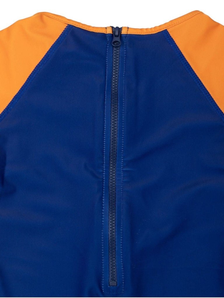 Yellow Bee Boys’ Disney Tigger One-Piece Swimsuit – Navy & Orange Splash Print with Playful Character Graphic-Back Close Up View