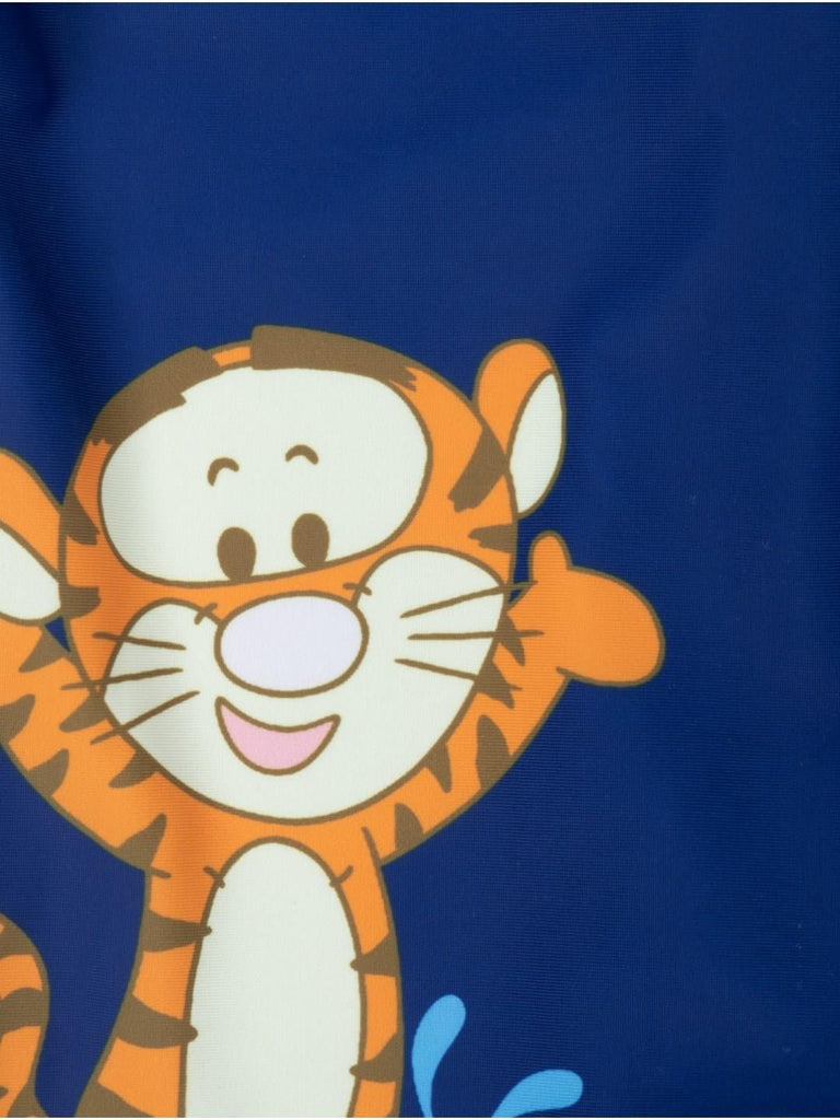 Yellow Bee Boys’ Disney Tigger One-Piece Swimsuit – Navy & Orange Splash Print with Playful Character Graphic-Showing Design