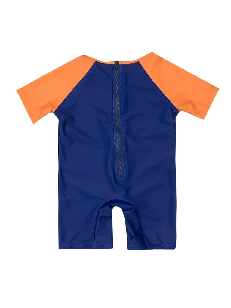 Yellow Bee Boys’ Disney Tigger One-Piece Swimsuit – Navy & Orange Splash Print with Playful Character Graphic-Back View