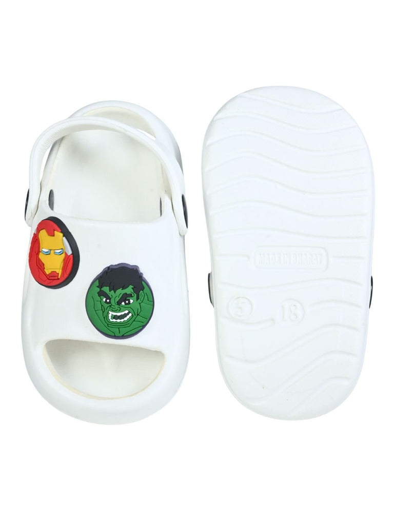 Yellow Bee Boys’ Marvel Avengers  Iron Man, Hulk & Captain America Charms Sandals- White Front & Back view