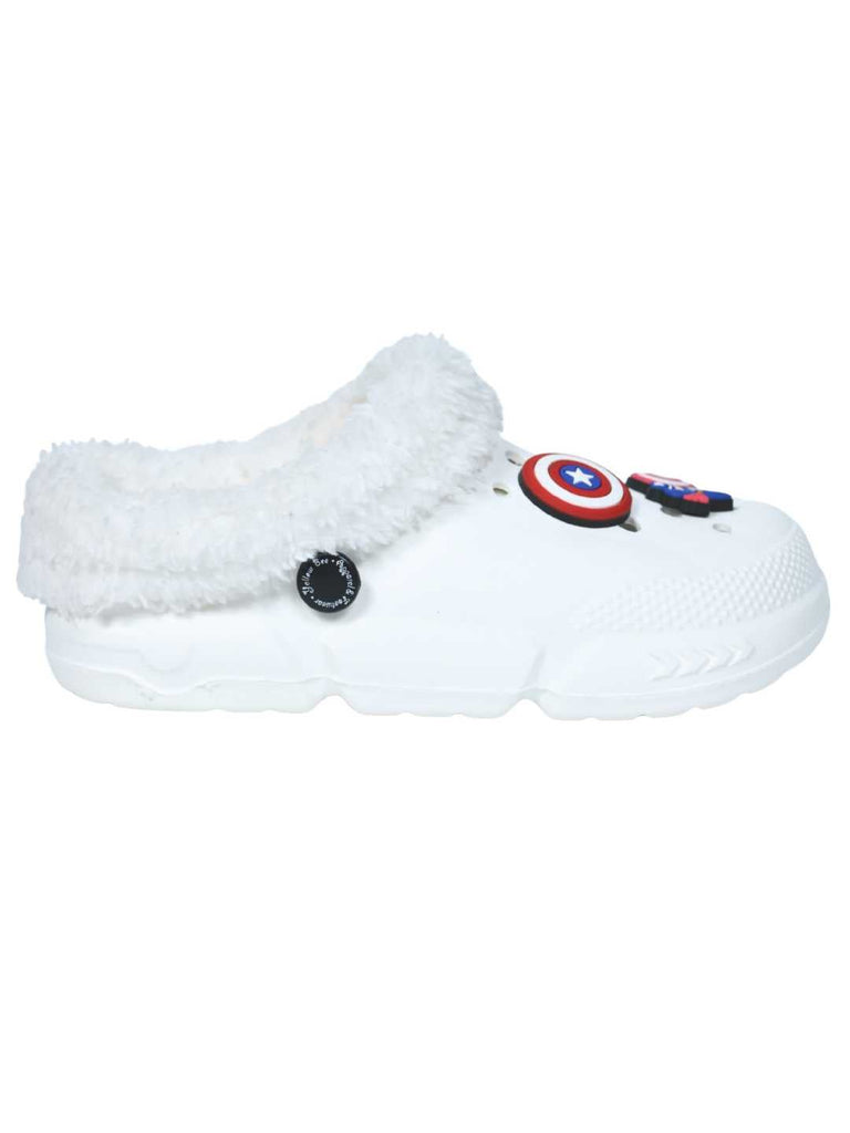 Yellow Bee Boys’ Marvel Captain America Fur Lined Design Winter Clogs - White-Side View
