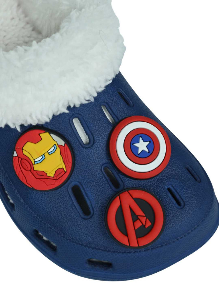 Yellow Bee Boys’ Marvel Avengers Captain America, Iron Man & Hulk Fur Lined Winter Clogs - Navy Blue-Close up view