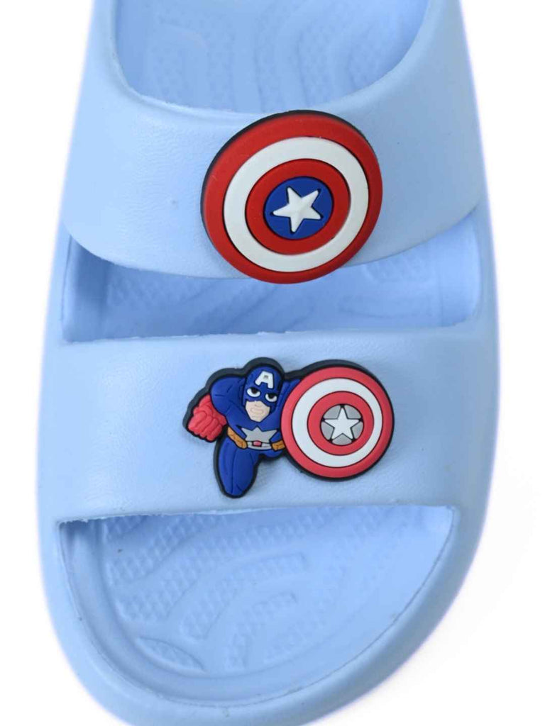 Yellow Bee Boys’ Marvel Captain America Shield & Hero Charm Slides – Blue-Front View