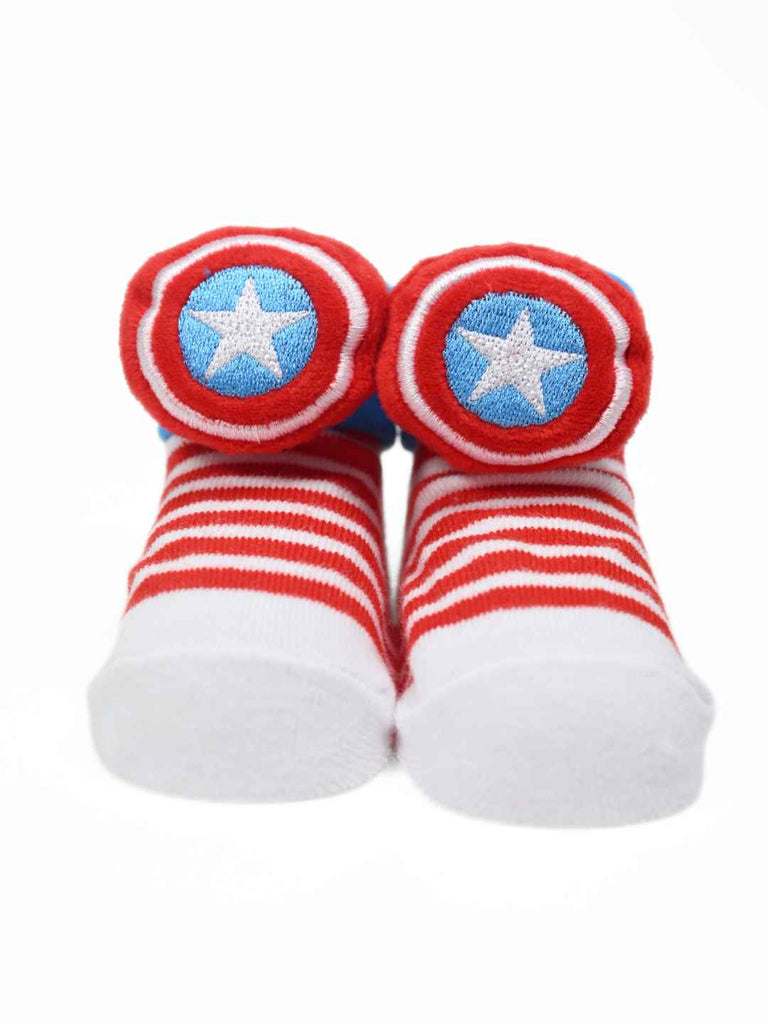 Yellow Bee Boy's Marvel Captain America Shield Socks with Red & White Stripes - Front View