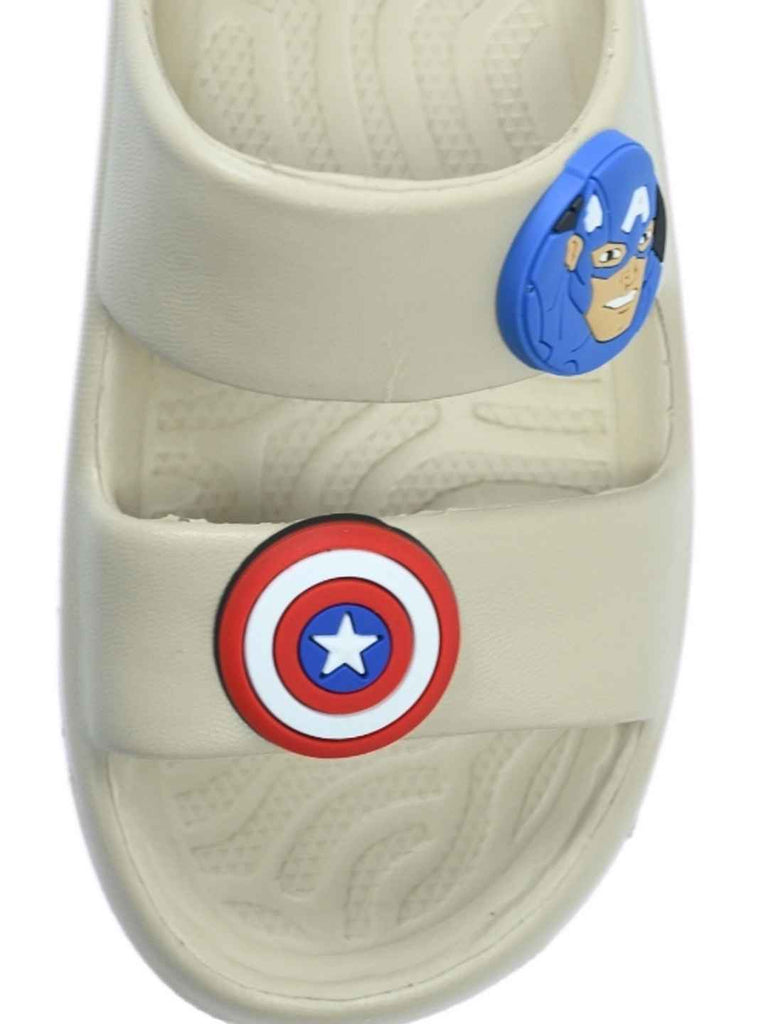 Yellow Bee Boys’ Marvel Captain America Slides with Face & Shield Charms – Beige-Front View