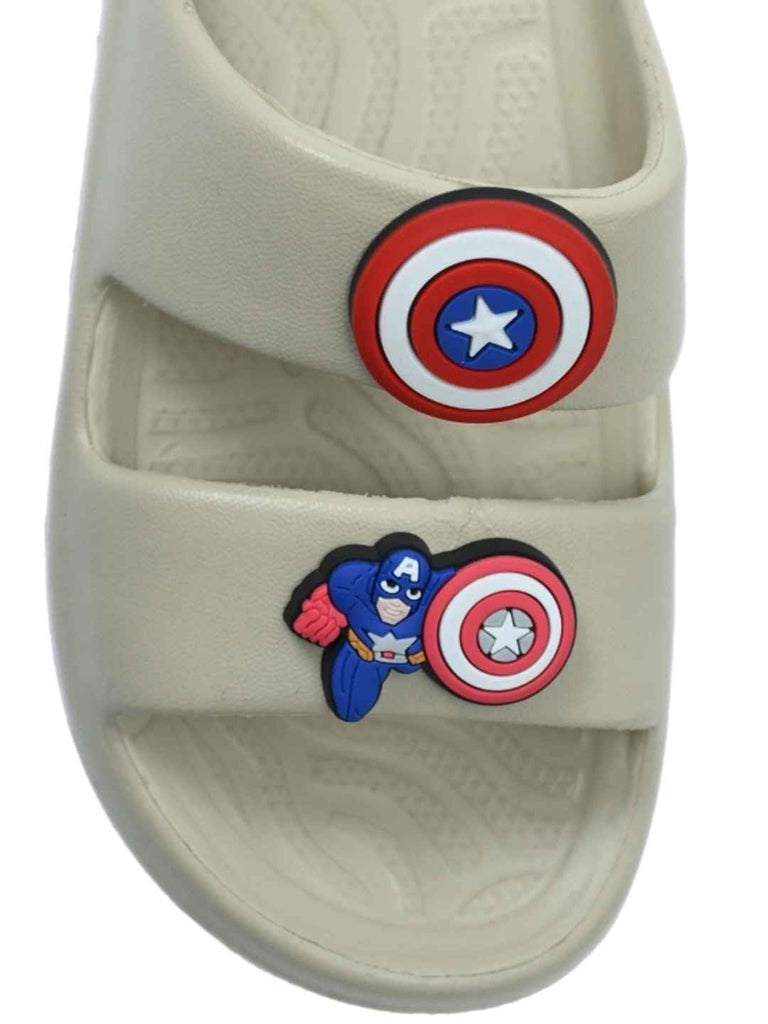 Yellow Bee Boys’ Marvel Captain America Slides with Hero & Shield Charms – Beige-Front View
