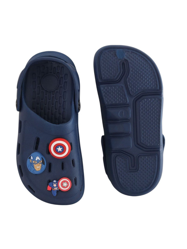 Yellow Bee Boys’ Marvel Clogs with Captain America Shield & Star Emblem Charms – Navy Blue-Front and back View