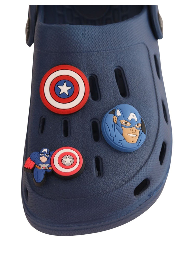 Yellow Bee Boys’ Marvel Clogs with Captain America Shield & Star Emblem Charms – Navy Blue-Front View