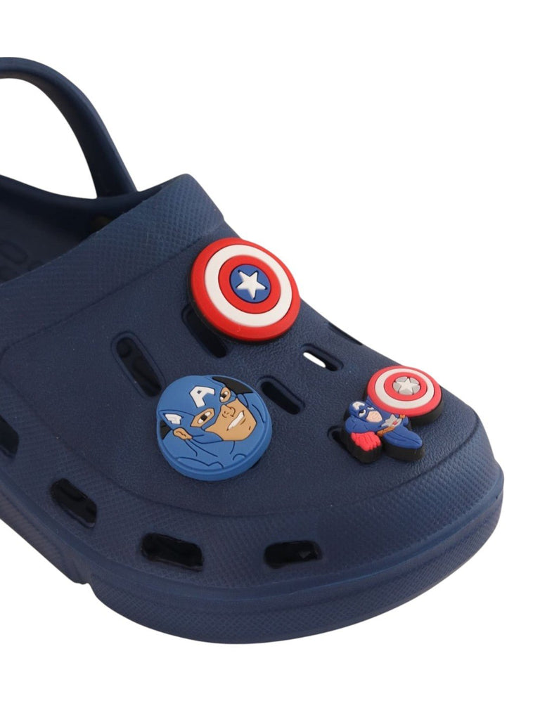Yellow Bee Boys’ Marvel Clogs with Captain America Shield & Star Emblem Charms – Navy Blue-Closeup View