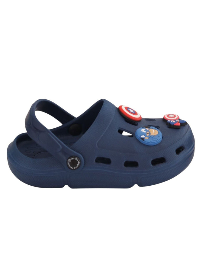 YYellow Bee Boys’ Marvel Clogs with Captain America Shield & Star Emblem Charms – Navy Blue-Side View