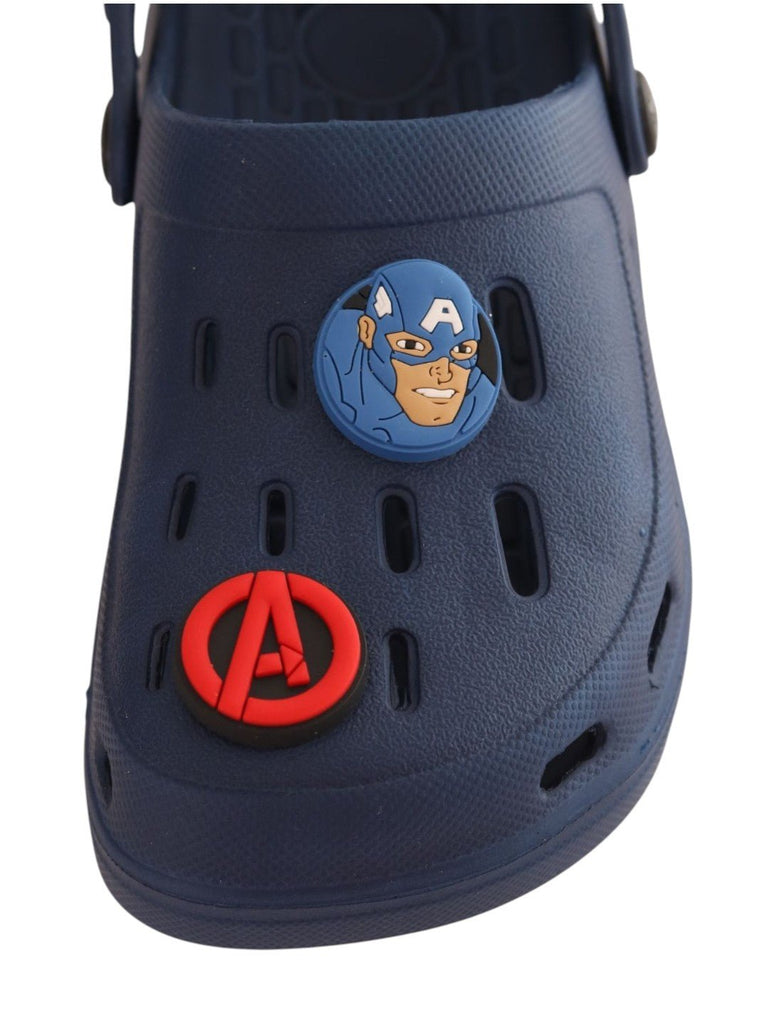 Yellow Bee Boys’ Marvel Clogs with Iron Man, Hulk, Captain America & Avengers Logo Charms – Navy Blue-Front view-1