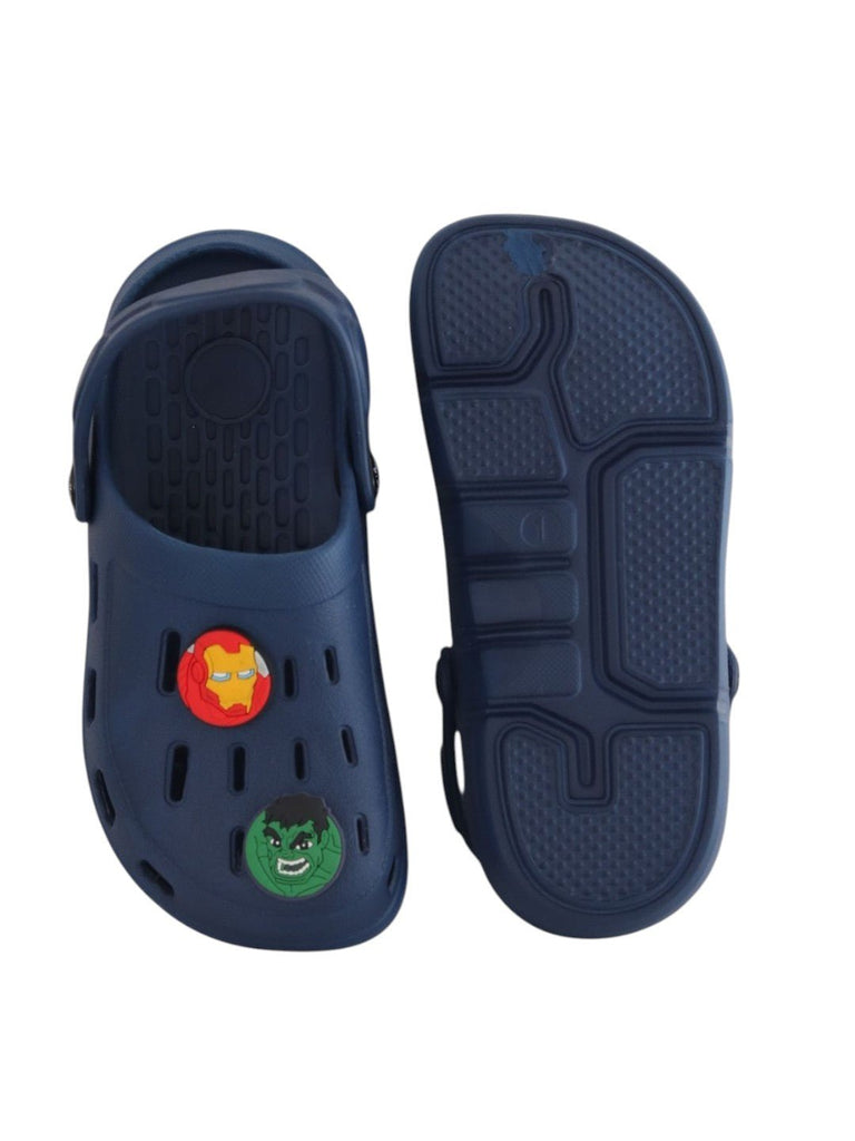Yellow Bee Boys’ Marvel Clogs with Iron Man, Hulk, Captain America & Avengers Logo Charms – Navy Blue-Front and back view