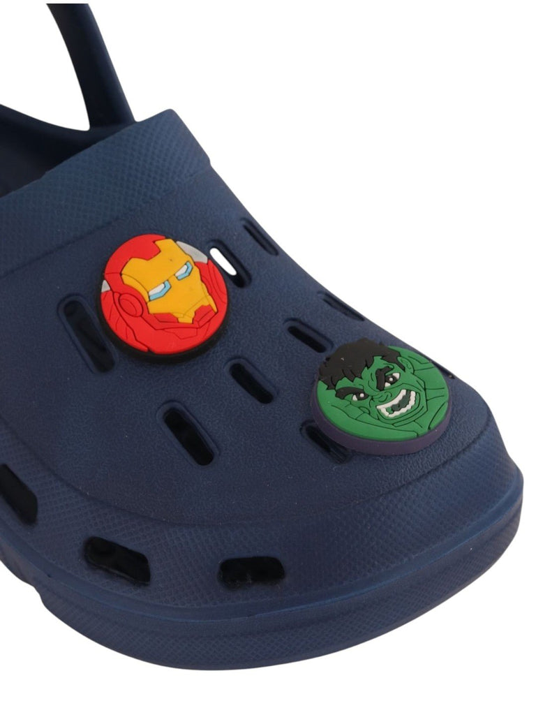 Yellow Bee Boys’ Marvel Clogs with Iron Man, Hulk, Captain America & Avengers Logo Charms – Navy Blue-Closeup view