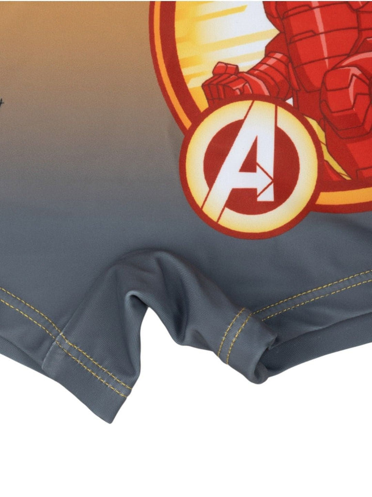 Yellow Bee Boys’ Marvel Iron Man Swim Trunks – Gradient with Power Pose Graphic in Orange & Grey-Bottom Close Up View