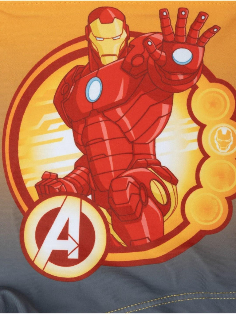 Yellow Bee Boys’ Marvel Iron Man Swim Trunks – Gradient with Power Pose Graphic in Orange & Grey-Showing Design