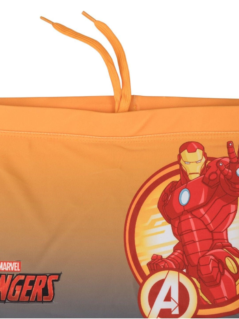 Yellow Bee Boys’ Marvel Iron Man Swim Trunks – Gradient with Power Pose Graphic in Orange & Grey-Close Up View