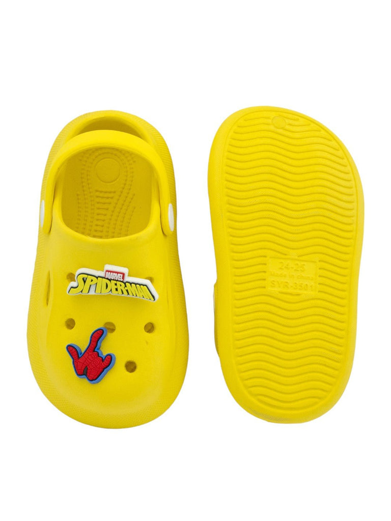 Yellow Bee Boys’ Marvel Spider-Man Clogs with 3D Face, Web Gesture & Logo Charms – Yellow-Front & Back View