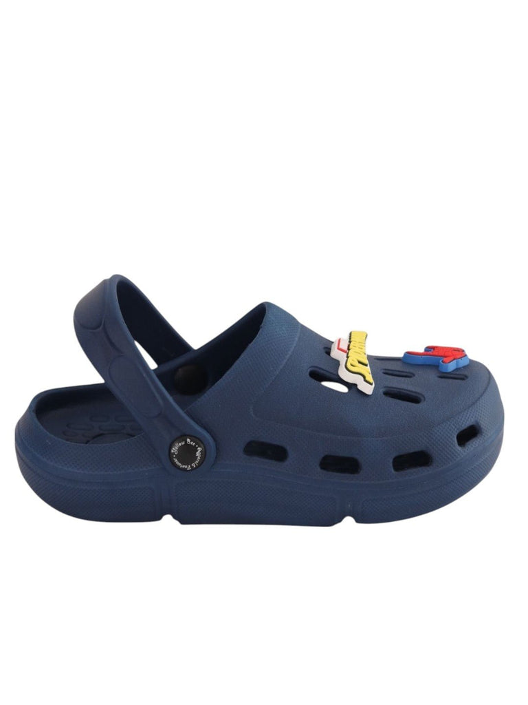 Yellow Bee Boys’ Marvel Spider-Man Clogs with Hero Mask, Logo, Web Hand & Emblem Charms – Navy Blue-Side View