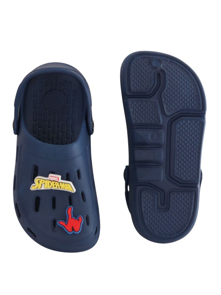 Yellow Bee Boys’ Marvel Spider-Man Clogs with Hero Mask, Logo, Web Hand & Emblem Charms – Navy Blue-Front & Back View