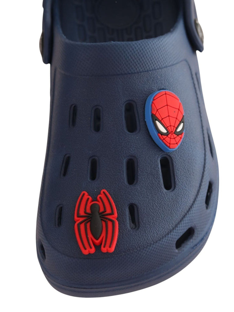 Yellow Bee Boys’ Marvel Spider-Man Clogs with Hero Mask, Logo, Web Hand & Emblem Charms – Navy Blue-Front View
