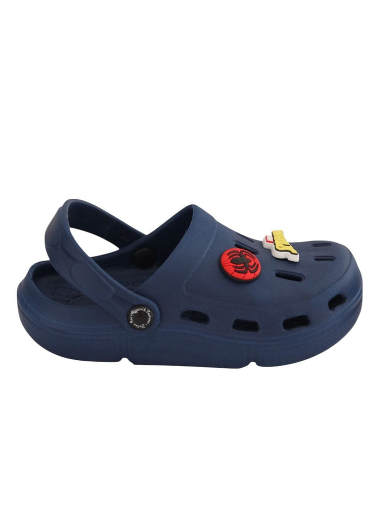 Yellow Bee Boys' Marvel Spider-Man Clogs with Mask, Logo, Web Hand & Spider Emblem – Navy Blue - Side View