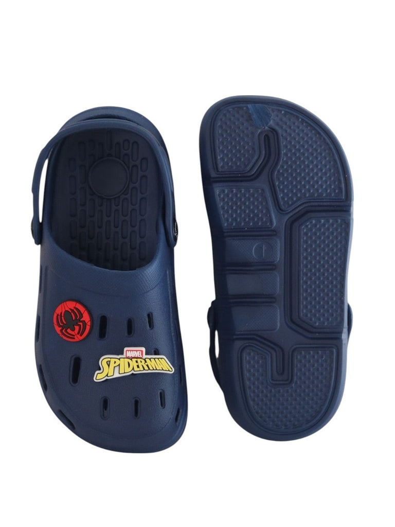 Yellow Bee Boys' Marvel Spider-Man Clogs with Mask, Logo, Web Hand & Spider Emblem – Navy Blue - Front & Back View