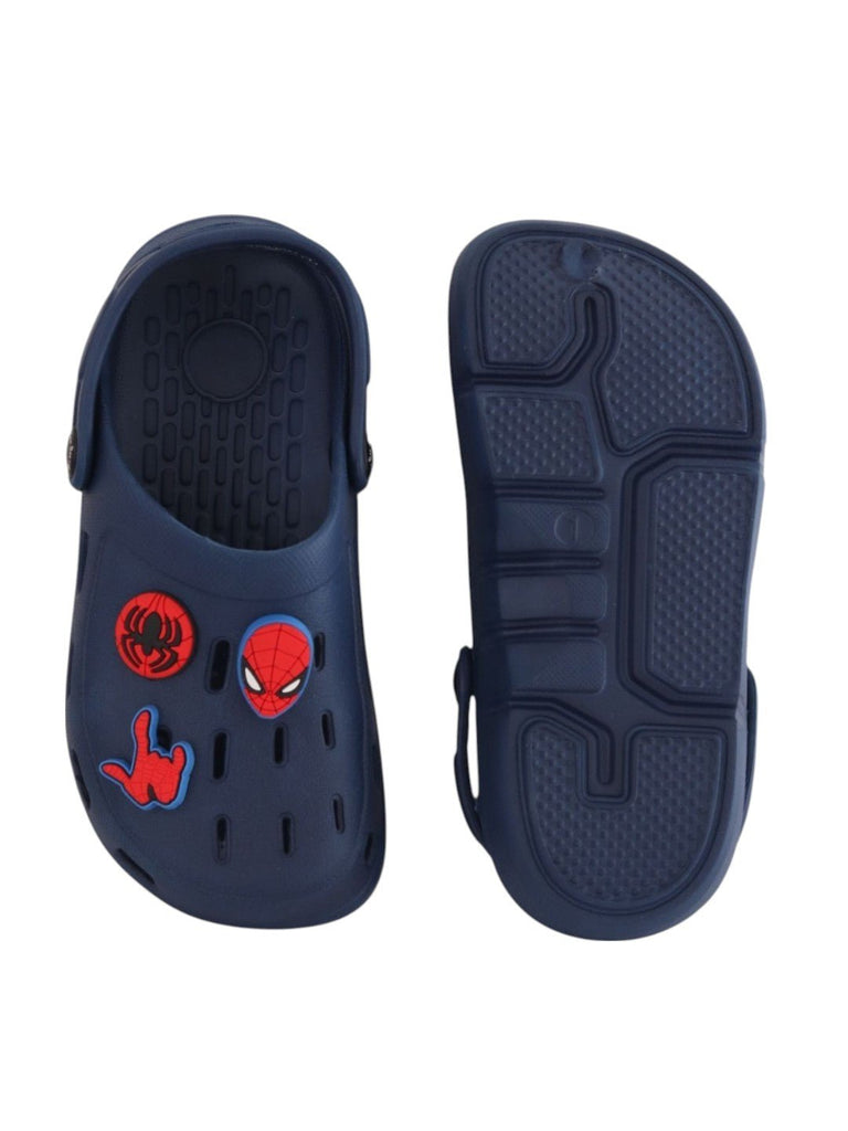 Yellow Bee Boys’ Marvel Spider-Man Clogs with Mask, Spider & Web Hand Charms – Navy Blue - Front & Back View