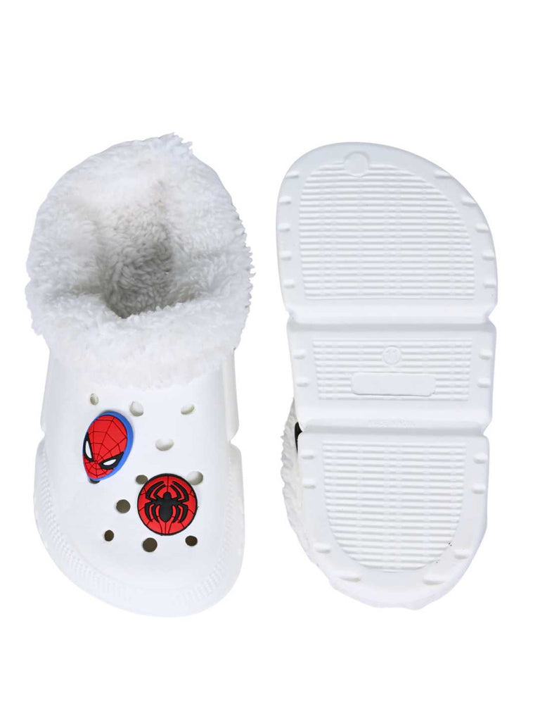 Yellow Bee Boys’ Marvel Spider-Man Fur Lined Design Winter Clogs - White- Front & Back View