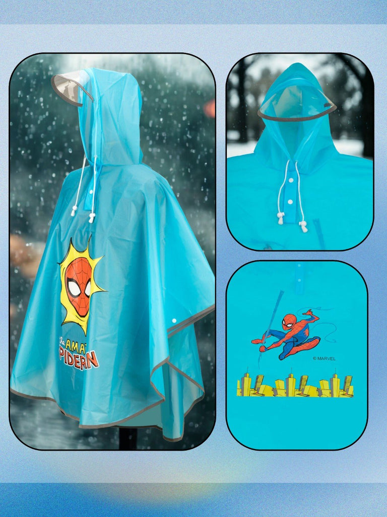 Yellow Bee Boy's Marvel Spider-Man Hooded Rain Poncho – Blue with Reflective Safety Strip-Creative View