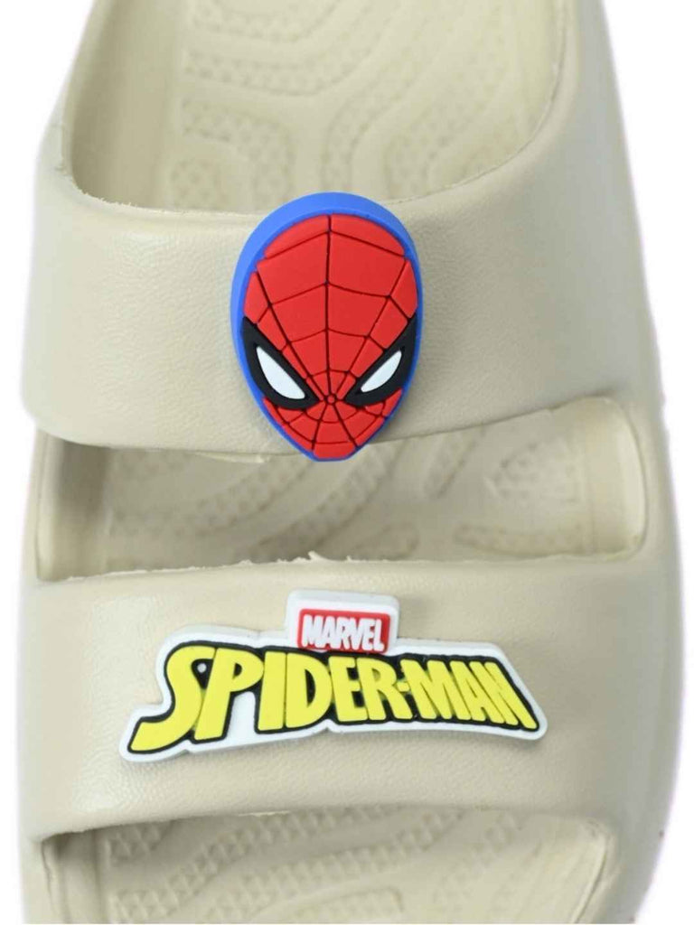 Yellow Bee Boys’ Marvel Spider Man Slides with Face & Logo Charms – Beige- Front View