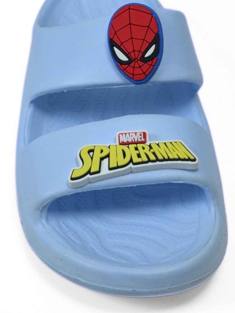 Yellow Bee Boys’ Marvel Spider Man Slides with Face & Logo Charms – Blue-Front View