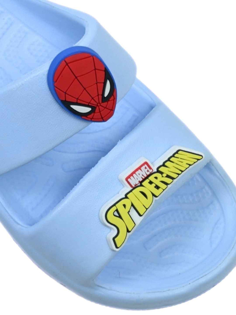 Yellow_Bee_Boys_Marvel_Spider_Man_Slides_with_Face_Logo_Charms_Blue_-_Close_Up_View