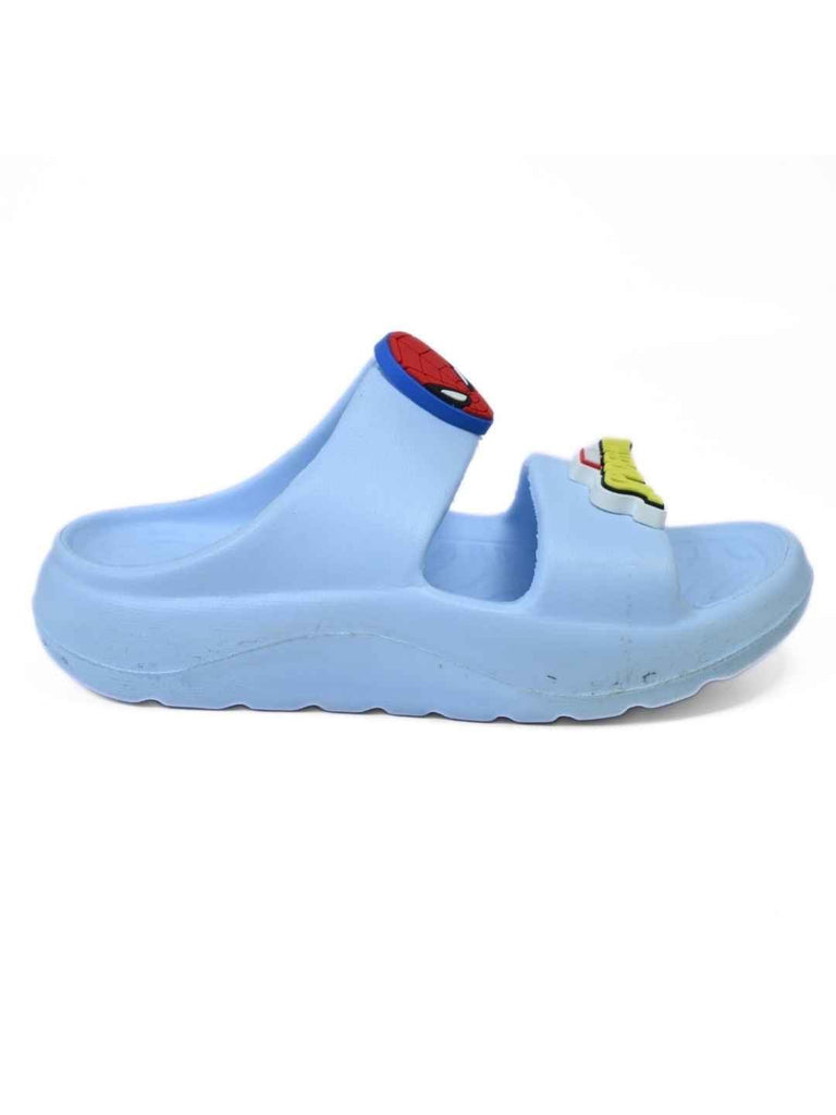 Yellow_Bee_Boys_Marvel_Spider_Man_Slides_with_Face_Logo_Charms_Blue_-_Side_View
