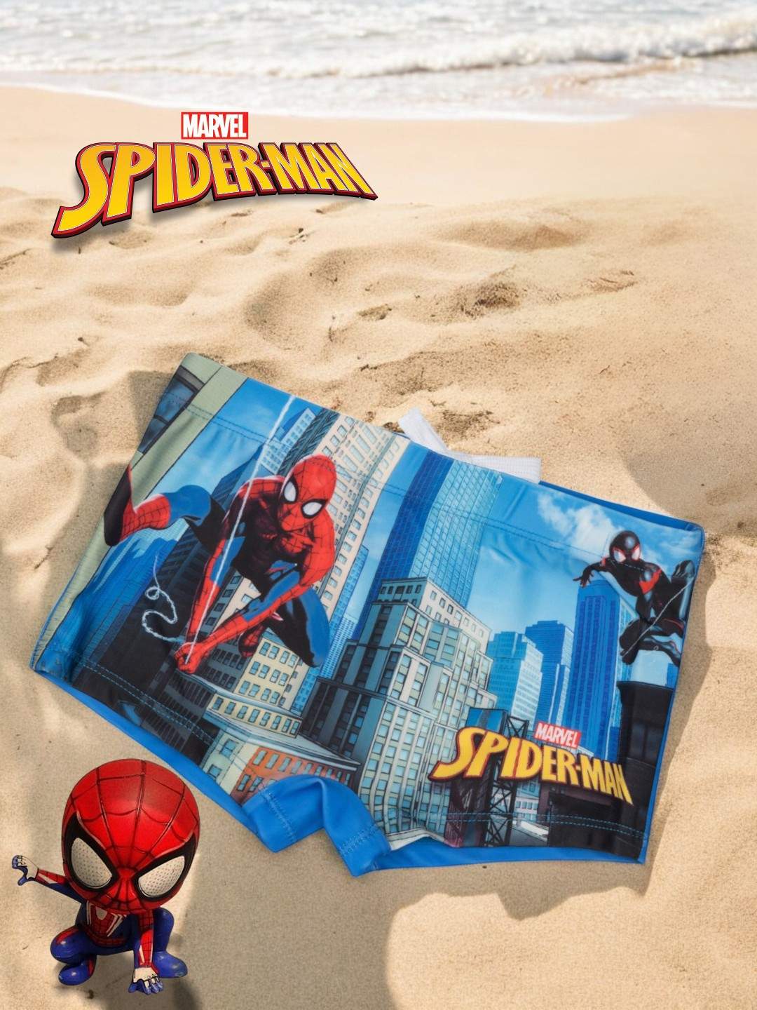 Yellow Bee Boys’ Marvel Spider-Man Swim Shorts with Action City Print- Blue