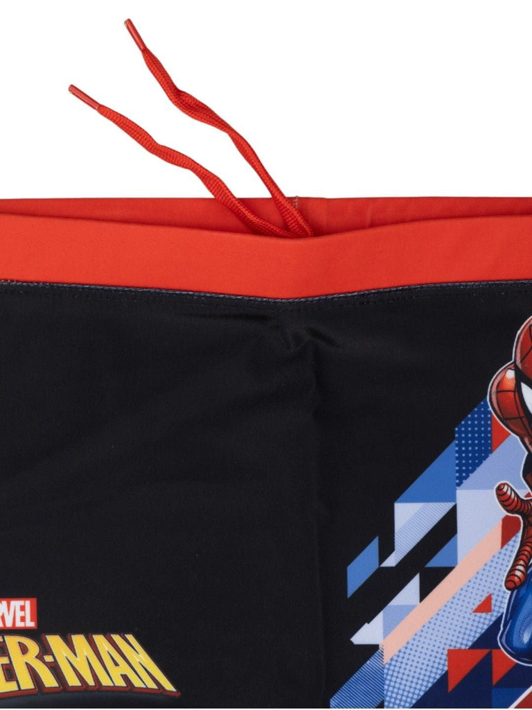 Yellow Bee Boys’ Spider-Man Swim Shorts – Bold Black Design with Striking Hero Graphic-Close Up View