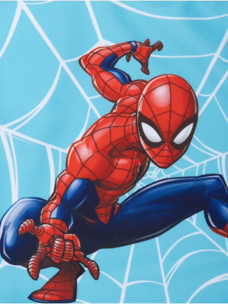 Yellow Bee Boys’ Marvel Spider-Man Swim Shorts – Light Blue with Web Print-Creative View-Showing Design