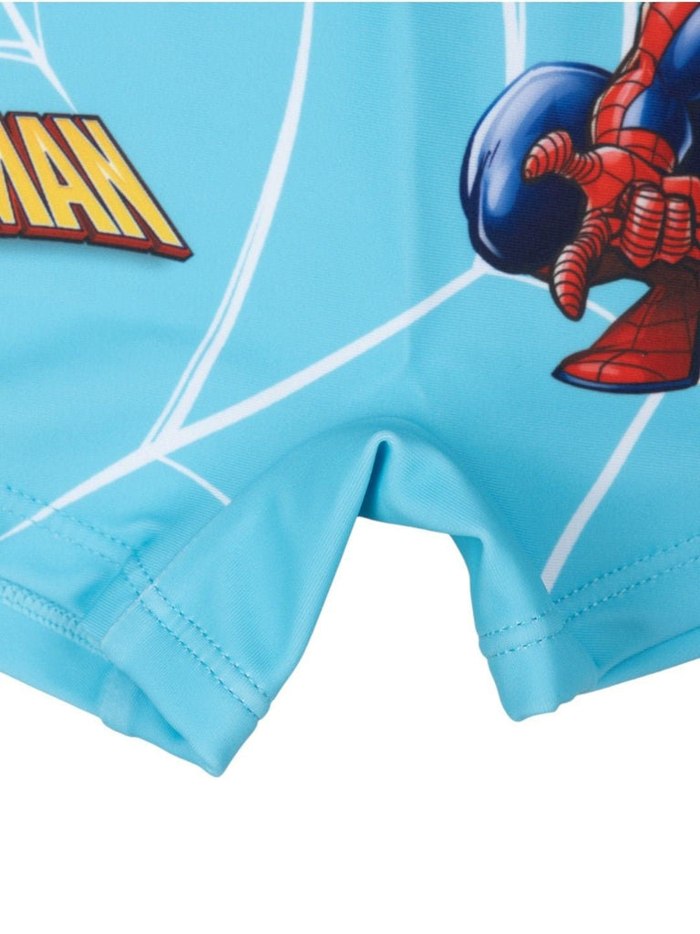 Yellow Bee Boys’ Marvel Spider-Man Swim Shorts – Light Blue with Web Print-Creative View-Bottom Close Up View