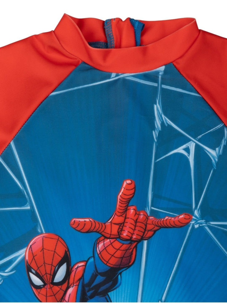 Yellow Bee Marvel Spider-Man One-Piece Swimsuit for Boys – Blue with Web Print-Front Close Up View