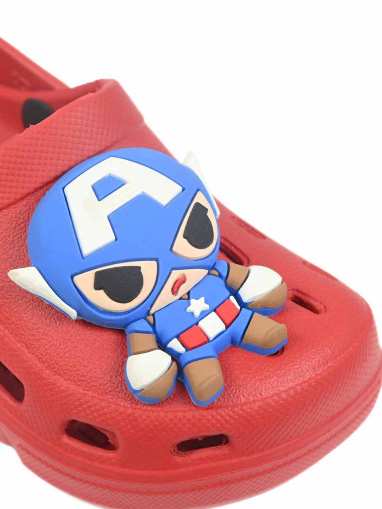 Yellow Bee Boy's Marvel Superhero Clogs with 3D Captain America Charm– Red - Close Up View