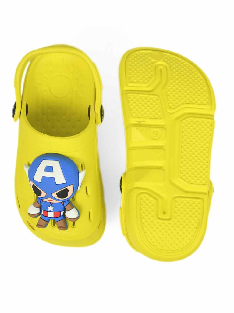Yellow Bee Boy's Marvel Superhero Clogs with 3D Captain America Charm – Yellow - Front & Back View