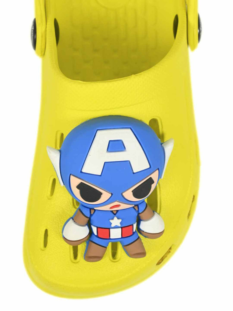 Yellow Bee Boy's Marvel Superhero Clogs with 3D Captain America Charm – Yellow - Front Zoom View
